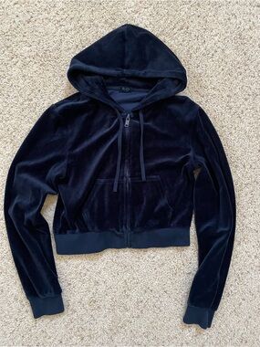 John Galt Navy Velour Cropped Hoodie